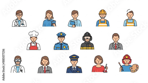 Diverse group of professional people icons in flat design style.