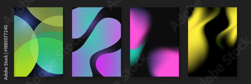 Creative poster collection showcasing neon mesh gradients and wavy liquid shapes against a dark textured backdrop for music and event promotion