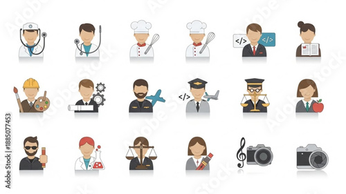 Collection of diverse professional occupation icons with reflections.