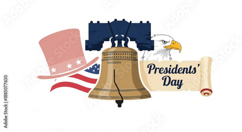 American patriotic symbols on presidents' day with liberty bell eagle hat and flag