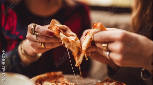 A pair of young, stylish hands (with painted nails or rings) are tearing apart a pizza, pulling out long, elastic strands of cheese, capturing the dynamic moment
