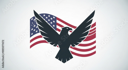 American bald eagle soaring with spread wings in front of waving united states flag on white background symbolizing freedom and patriotism