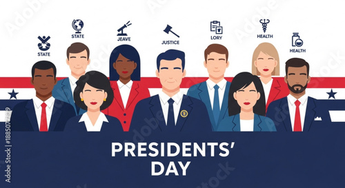 Diverse group of professional leaders celebrating presidents day with icons representing government education and health services
