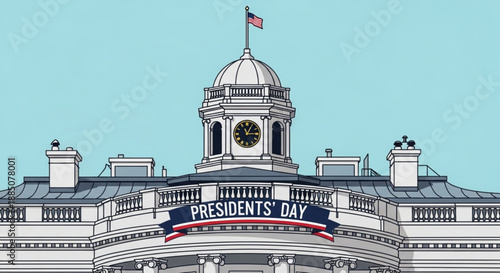 White house building with presidents' day banner on balcony under blue sky