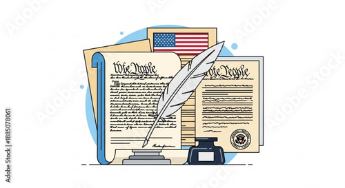 Vintage illustration of the us declaration of independence with quill pen and american flag