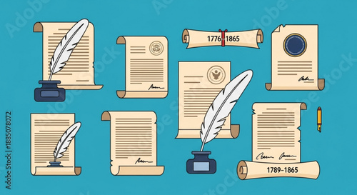 Vintage parchment scrolls with quills and ink historical documents on blue background