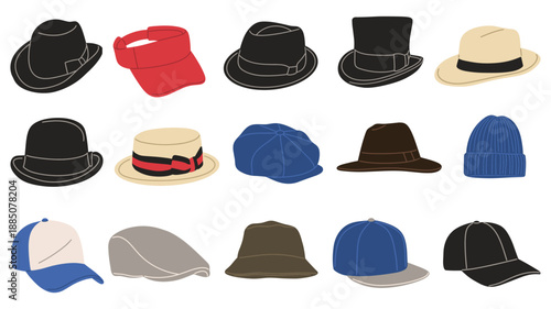 Flat vector illustration set of various hats including fedora, bowler, baseball cap, visor, beanie, flat cap, and bucket. Suitable for fashion, clothing, accessory, style, and apparel design concept