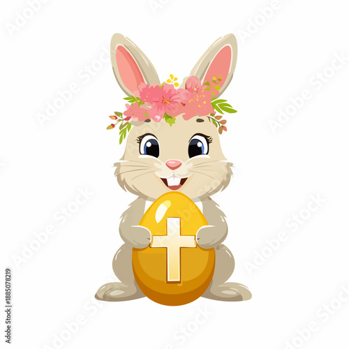 Easter bunny holding golden egg with cross Easter.