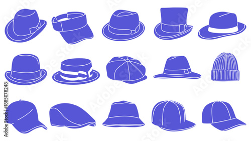 Flat vector illustration set of purple hat silhouettes including fedora, bowler, top hat, baseball cap, visor, beanie, bucket hat, and snapback. Perfect for fashion icons, logos, branding, apparel