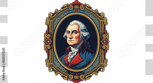 Portrait of george washington in ornate gold frame with blue and red details on white background