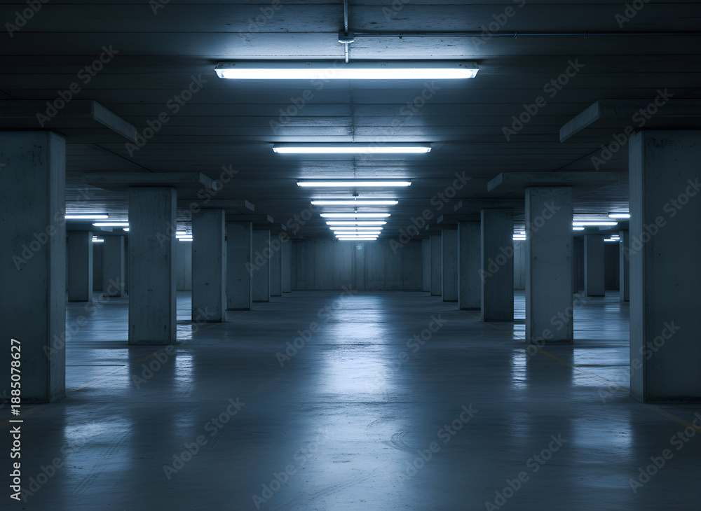 Fototapeta premium Empty dark concrete parking garage with fluorescent lights background image