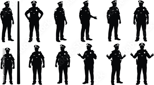 Set of Police Officer Silhouettes in Various Poses Including Standing Patrolling Gesturing and Directing Traffic for Law Enforcement Design Projects