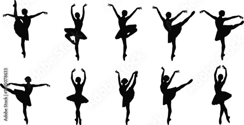 Set of Professional Ballerina Silhouettes Performing Classic Ballet Poses and Elegant Dance Movements Isolated on White Background for Graphic Design