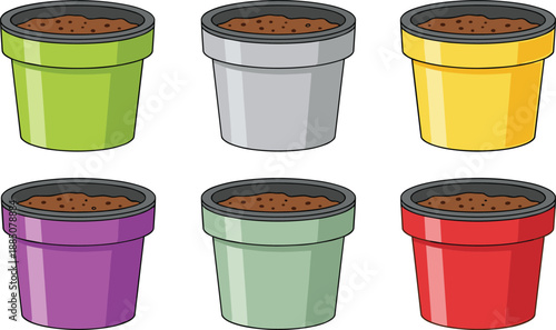Set of Six Colorful Plastic Flower Pots with Soil for Gardening Icons Isolated on White Background for Planting and Horticulture