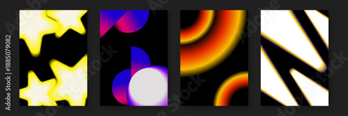 Unique collection featuring blurry yellow stars purple semi circles orange rings and neon light paths