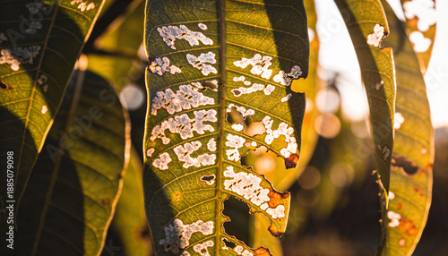 Mango tree affected by pests and fungal disease in tropical orchard