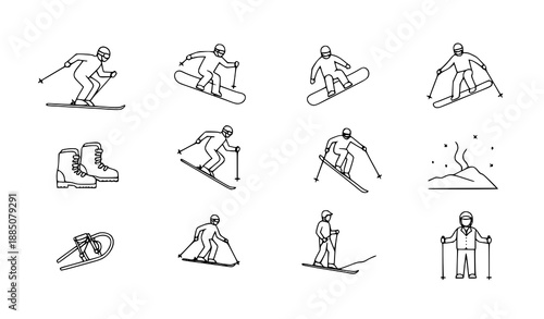 Skiers and winter sports outline icons vector set for ski resort design