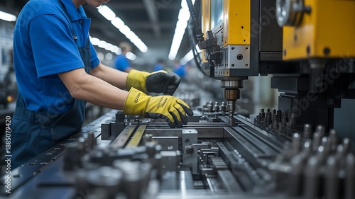 Skilled factory worker operating industrial machinery with precision on a busy production line