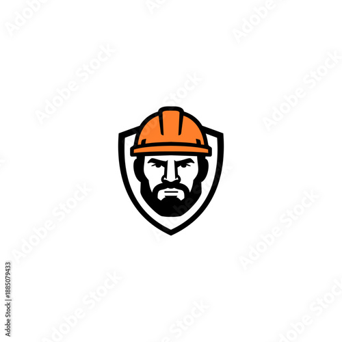 Strong construction worker logo featuring bearded man wearing safety helmet inside shield emblem, bold flat vector illustration isolated on white background