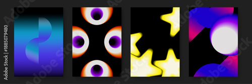 Elegant abstract posters with deep blue gradients purple glowing rings and yellow star accents for branding