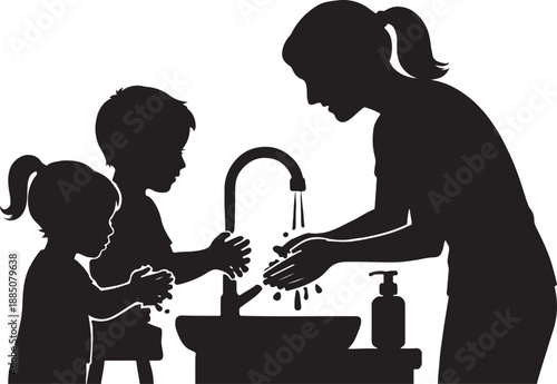 Mother Teaching Children Hand Washing Hygiene Silhouette