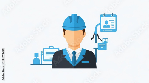 Engineer wearing hard hat and suit with planning documents.