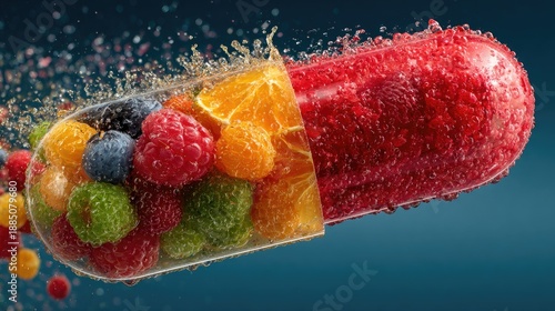 Macro 3D illustration of a transparent medical capsule pill filled with fresh fruits and berries representing natural vitamins and healthy supplements