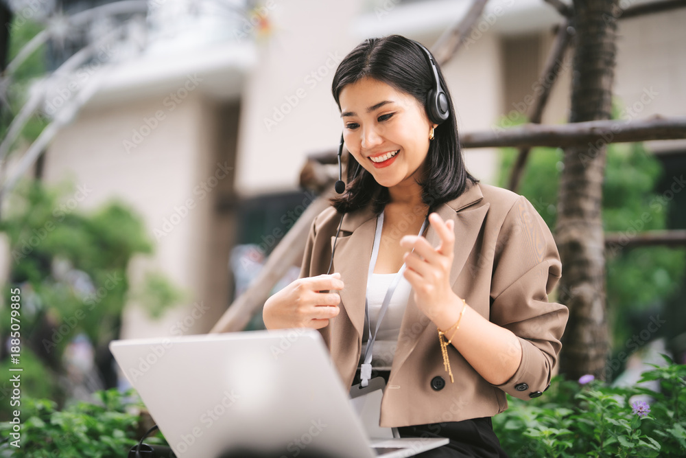 Fototapeta premium Portrait young adult beautiful business woman wearing headset work confidence smiling communication