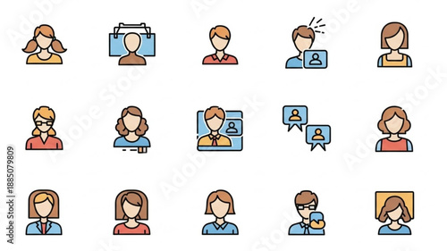 Collection of diverse people icons representing different professions and styles.