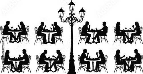 Silhouettes of Couples Dining at Outdoor Cafe Tables with Ornate Street Lamp Set Isolated on White Background for Elegant Urban Design