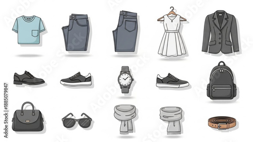 Collection of clothing and accessories for everyday wear.