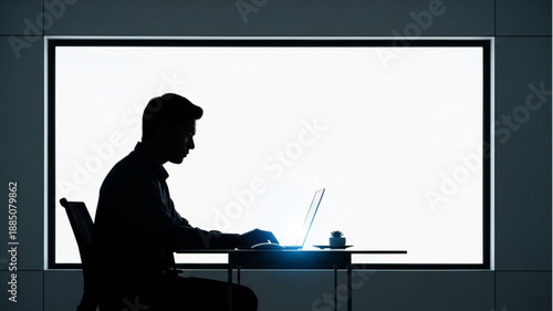 Silhouette of a man working on a laptop in front of a bright screen.