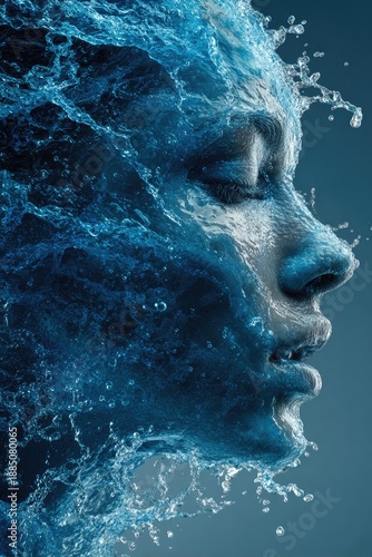 Surreal artistic portrait of a beautiful woman's face profile made of splashing blue water droplets representing freshness and hydration