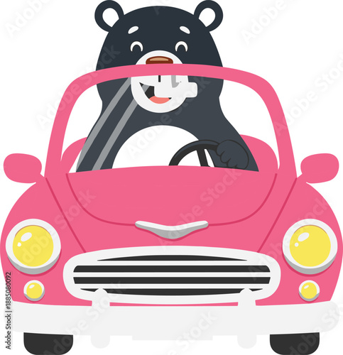 Cartoon black bear driving pink convertible car with seatbelt, classic vehicle illustration in whimsical animal character style