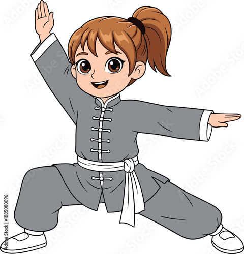 Cartoon child practicing martial arts pose in traditional uniform, smiling in wide stance, showcasing discipline, fitness, and cultural expression