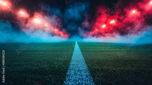 Stadium football field at night with glowing red and blue smoke and bright lights, sports competition, team rivalry, dynamic energy, victory spirit and futuristic atmosphere of modern sports arena.