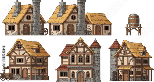 Cartoon medieval buildings and barrel structure with timber framing, thatched roofs, chimneys, ideal for fantasy games and education.