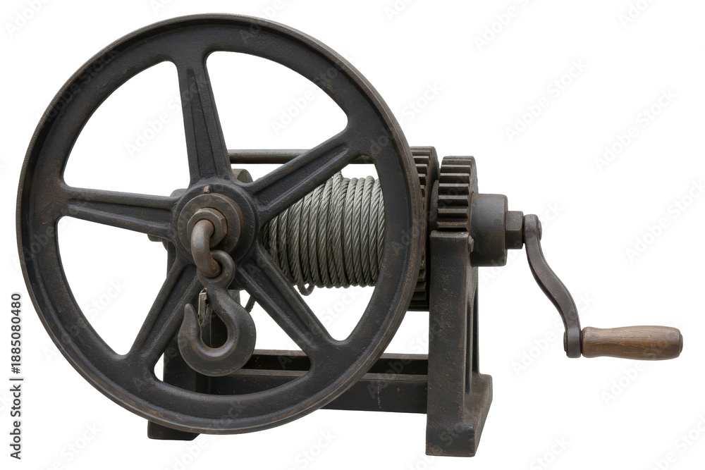 Obraz premium Vintage Manual Winch with Rope and Hook - Industrial Equipment Detail