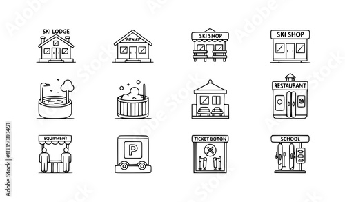 Ski resort facilities and amenities outline icons vector set for web and app design