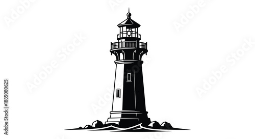 A striking black and white illustration depicts a classic lighthouse structure against a simple backdrop rendered as a captivating silhouette