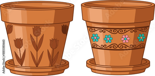 Two decorative terracotta clay flower pots with floral patterns and saucers for gardening and home interior decoration isolated on white background