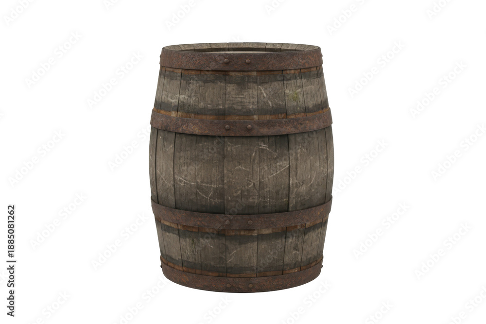 Fototapeta premium Vintage Wooden Barrel with Rusty Metal Hoops, Rustic Container for Storage or Aging