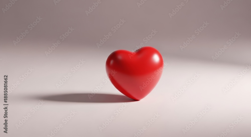 Fototapeta premium Minimal Valentine’s Day background, single red heart on neutral pastel surface, copy space, clean commercial stock image
