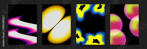 Striking abstract set with magenta fluid swirls and neon yellow aura clouds on a deep black canvas