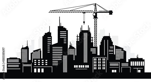 A striking black and white cityscape is depicted with a prominent construction crane towering above the buildings a dramatic silhouette