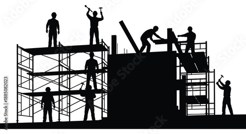 Construction workers building a structure on scaffolding utilizing various tools and equipment against a stark white backdrop silhouette high quality