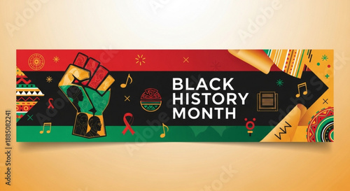 Vibrant black history month banner with raised fist and colorful graphics on orange background