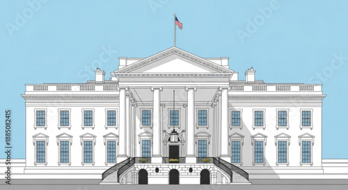 The white house building with american flag on top under blue sky