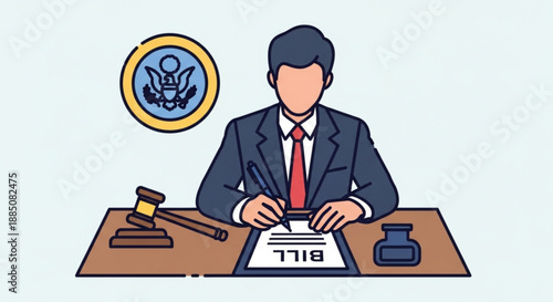 Businessman signing document at desk with gavel and seal