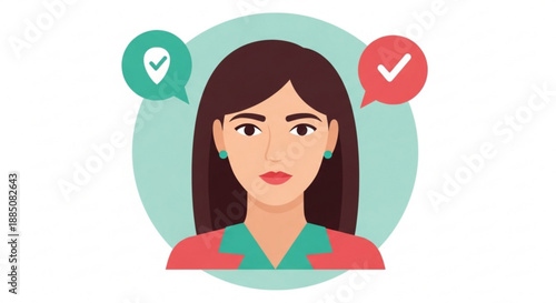 Woman with speech bubbles indicating approval and disapproval cartoon style on a light green background